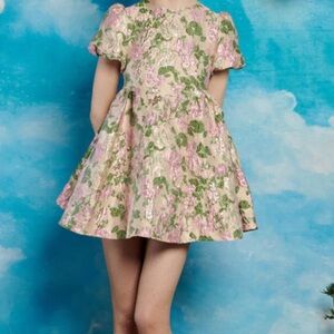 Sister Jane Pink and Green A-Line Dress with Puff Sleeves